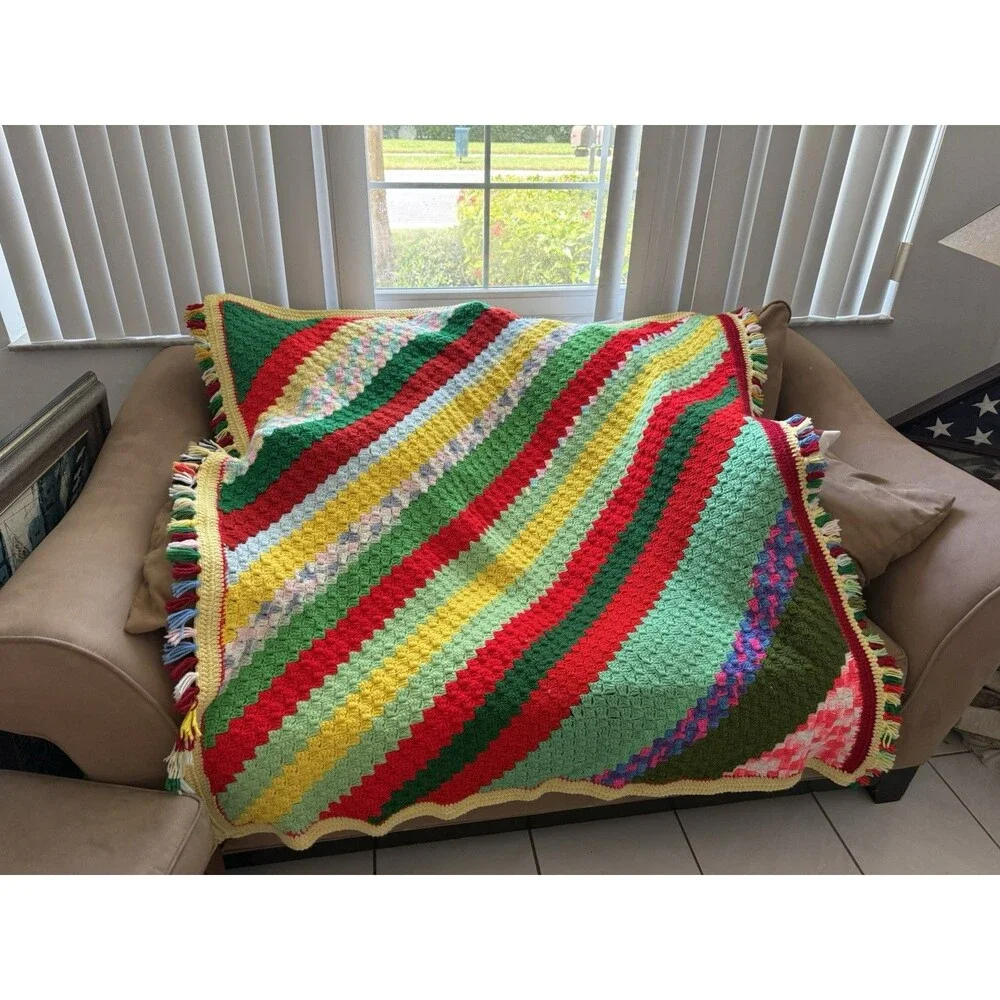 Vintage Granny Crochet Knit Afghan Throw Blanket Colorful Multicolor 53” x53”